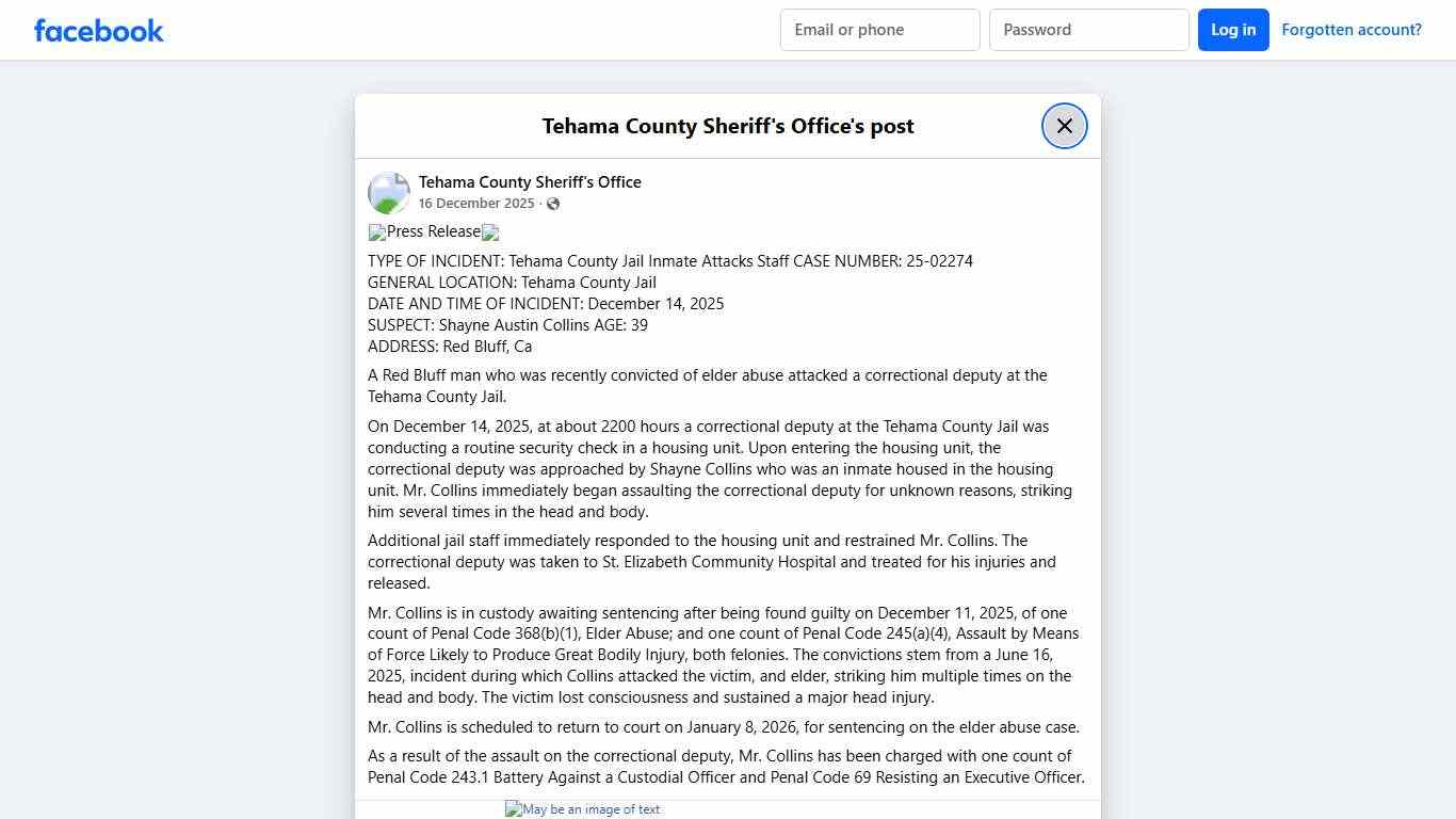 🚨Press Release🚨 TYPE OF... - Tehama County Sheriff's Office Facebook